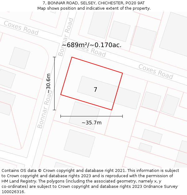 7, BONNAR ROAD, SELSEY, CHICHESTER, PO20 9AT: Plot and title map