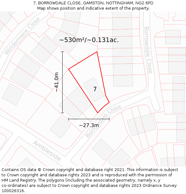 7, BORROWDALE CLOSE, GAMSTON, NOTTINGHAM, NG2 6PD: Plot and title map