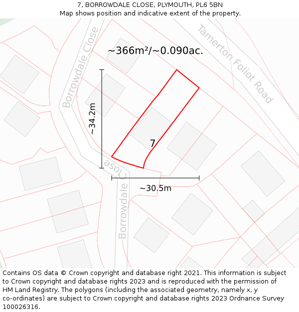 7, BORROWDALE CLOSE, PLYMOUTH, PL6 5BN: Plot and title map