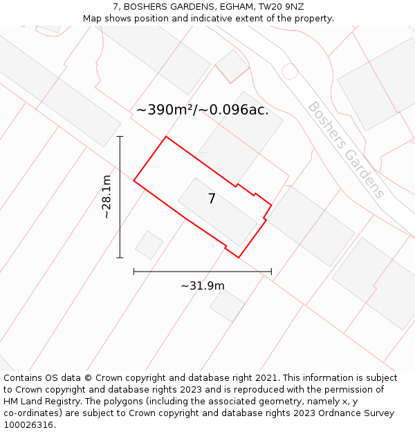 7, BOSHERS GARDENS, EGHAM, TW20 9NZ: Plot and title map