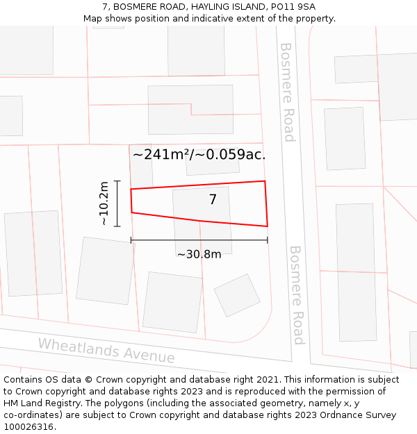 7, BOSMERE ROAD, HAYLING ISLAND, PO11 9SA: Plot and title map