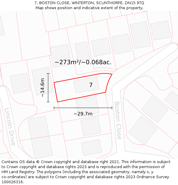 7, BOSTON CLOSE, WINTERTON, SCUNTHORPE, DN15 9TQ: Plot and title map