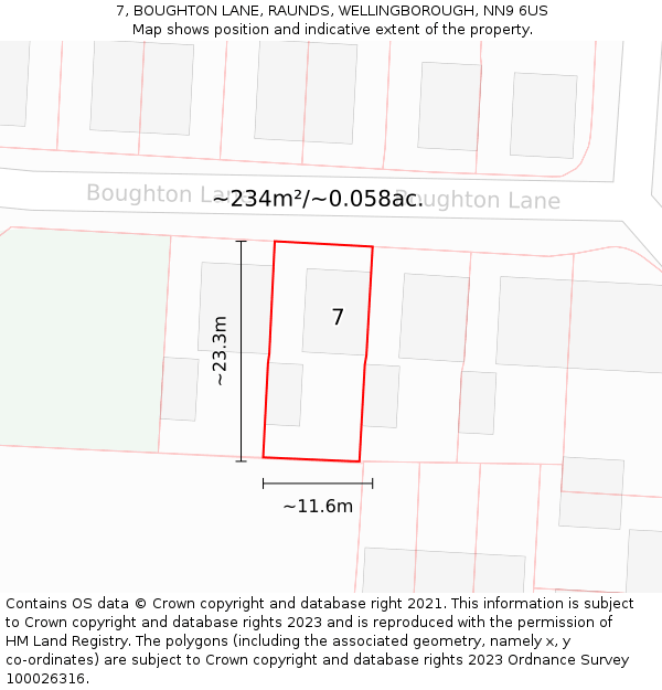 7, BOUGHTON LANE, RAUNDS, WELLINGBOROUGH, NN9 6US: Plot and title map