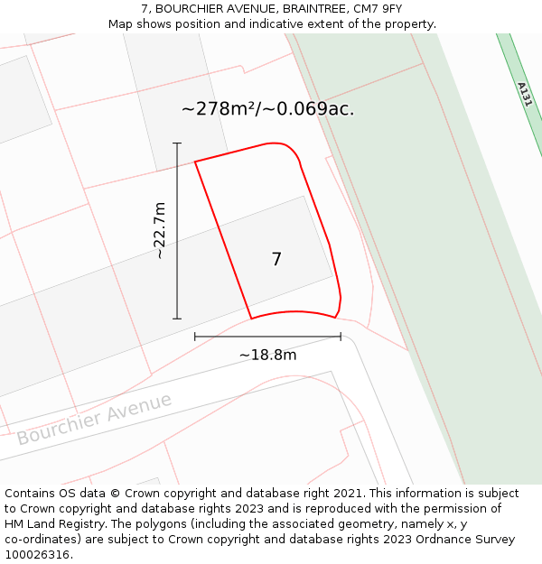 7, BOURCHIER AVENUE, BRAINTREE, CM7 9FY: Plot and title map