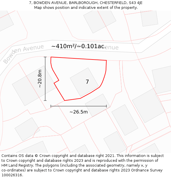 7, BOWDEN AVENUE, BARLBOROUGH, CHESTERFIELD, S43 4JE: Plot and title map