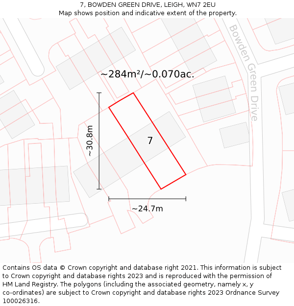 7, BOWDEN GREEN DRIVE, LEIGH, WN7 2EU: Plot and title map