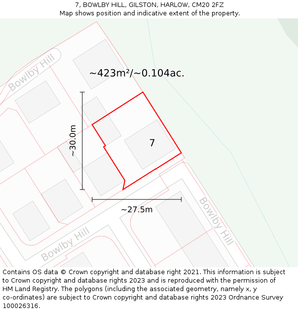 7, BOWLBY HILL, GILSTON, HARLOW, CM20 2FZ: Plot and title map