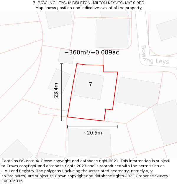 7, BOWLING LEYS, MIDDLETON, MILTON KEYNES, MK10 9BD: Plot and title map