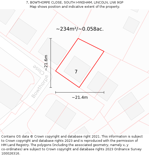 7, BOWTHORPE CLOSE, SOUTH HYKEHAM, LINCOLN, LN6 9GP: Plot and title map