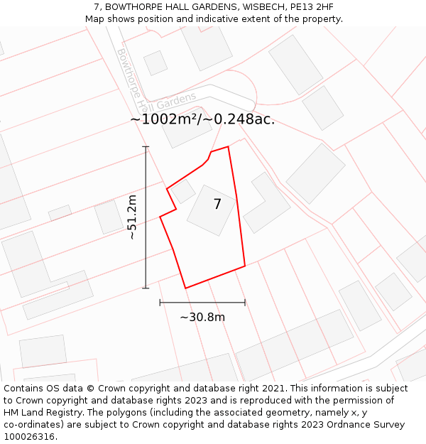 7, BOWTHORPE HALL GARDENS, WISBECH, PE13 2HF: Plot and title map