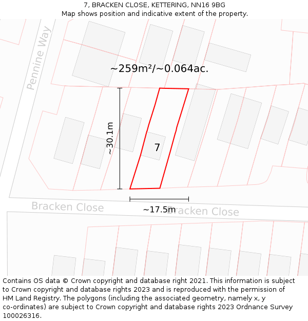 7, BRACKEN CLOSE, KETTERING, NN16 9BG: Plot and title map