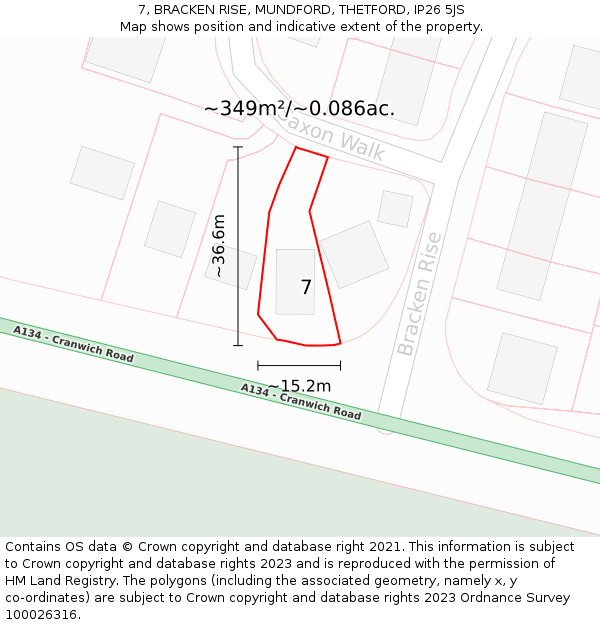 7, BRACKEN RISE, MUNDFORD, THETFORD, IP26 5JS: Plot and title map