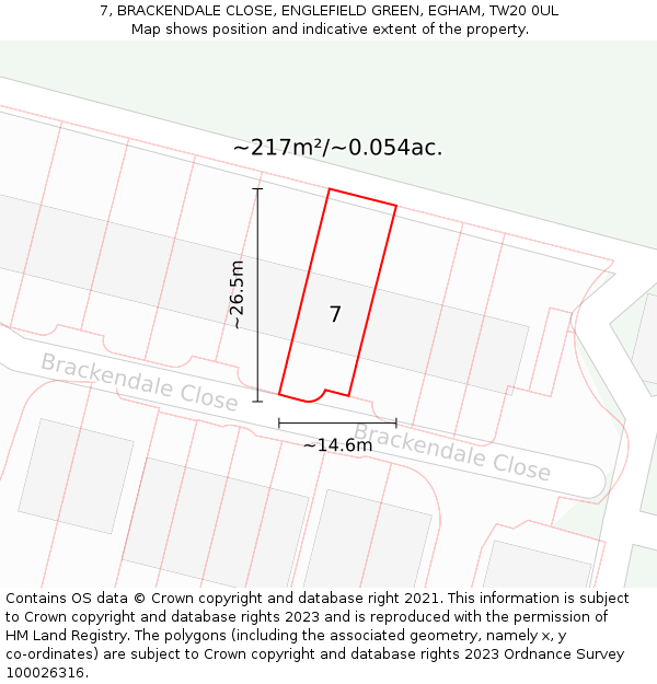 7, BRACKENDALE CLOSE, ENGLEFIELD GREEN, EGHAM, TW20 0UL: Plot and title map