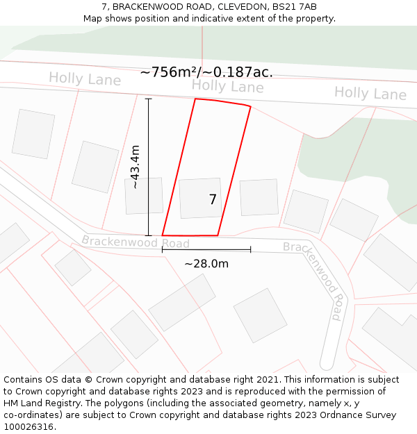 7, BRACKENWOOD ROAD, CLEVEDON, BS21 7AB: Plot and title map