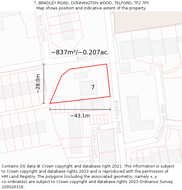 7, BRADLEY ROAD, DONNINGTON WOOD, TELFORD, TF2 7PY: Plot and title map