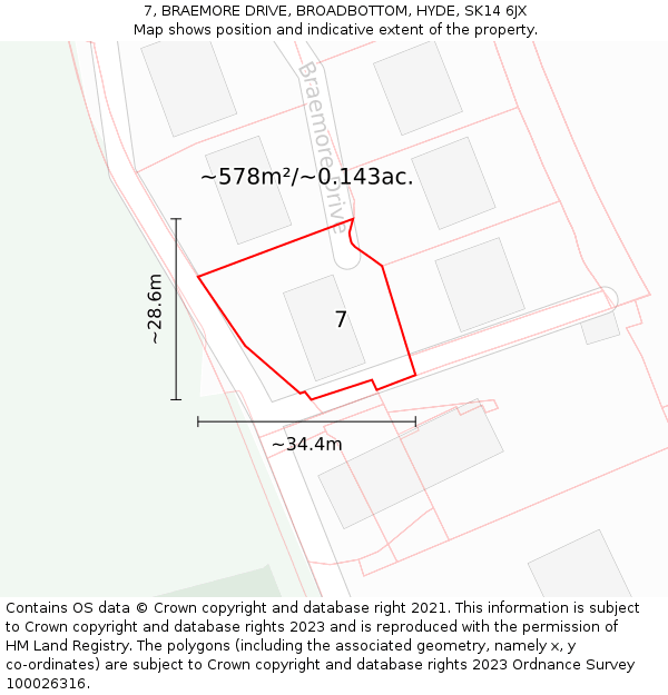 7, BRAEMORE DRIVE, BROADBOTTOM, HYDE, SK14 6JX: Plot and title map