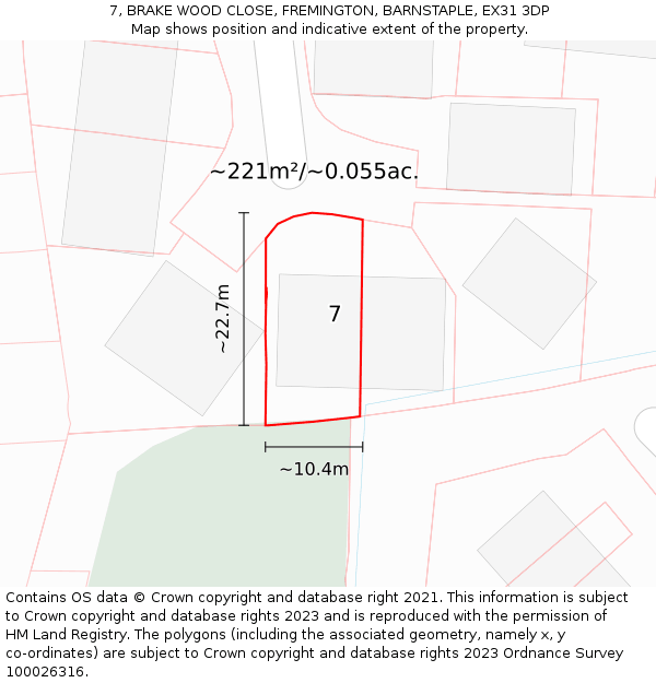 7, BRAKE WOOD CLOSE, FREMINGTON, BARNSTAPLE, EX31 3DP: Plot and title map