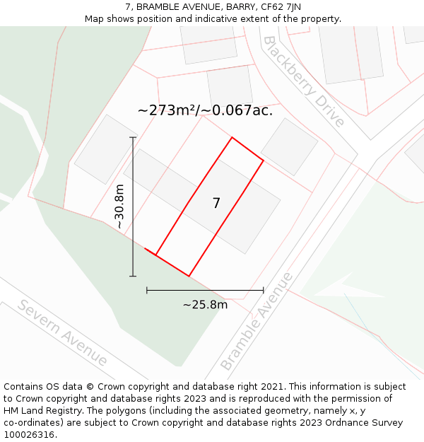 7, BRAMBLE AVENUE, BARRY, CF62 7JN: Plot and title map