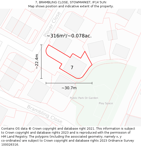 7, BRAMBLING CLOSE, STOWMARKET, IP14 5UN: Plot and title map