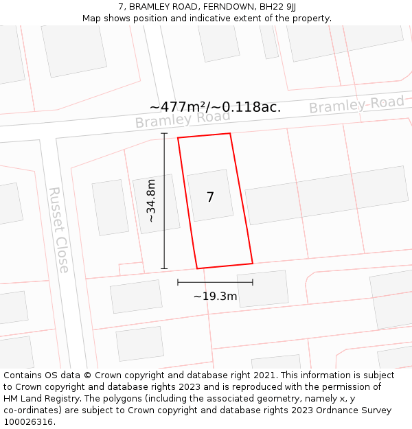 7, BRAMLEY ROAD, FERNDOWN, BH22 9JJ: Plot and title map