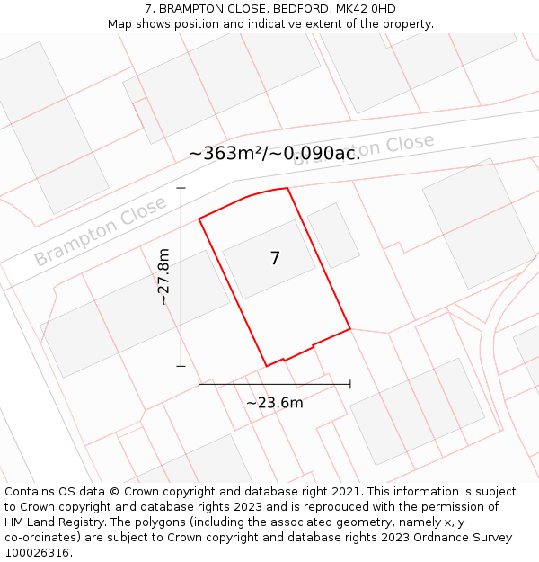 7, BRAMPTON CLOSE, BEDFORD, MK42 0HD: Plot and title map