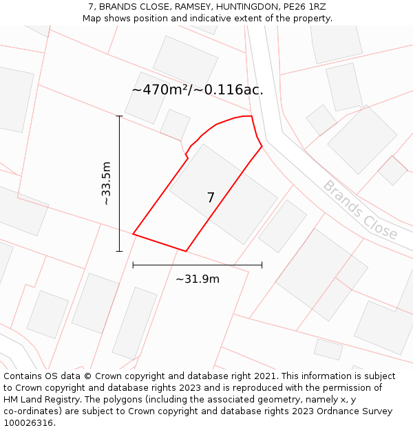 7, BRANDS CLOSE, RAMSEY, HUNTINGDON, PE26 1RZ: Plot and title map