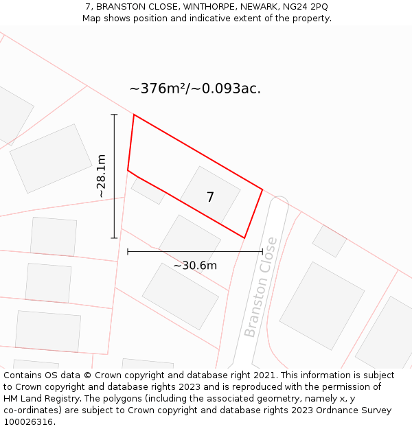 7, BRANSTON CLOSE, WINTHORPE, NEWARK, NG24 2PQ: Plot and title map