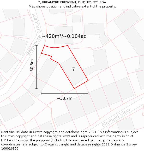 7, BREAMORE CRESCENT, DUDLEY, DY1 3DA: Plot and title map