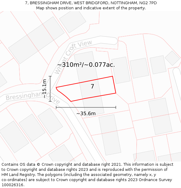 7, BRESSINGHAM DRIVE, WEST BRIDGFORD, NOTTINGHAM, NG2 7PD: Plot and title map