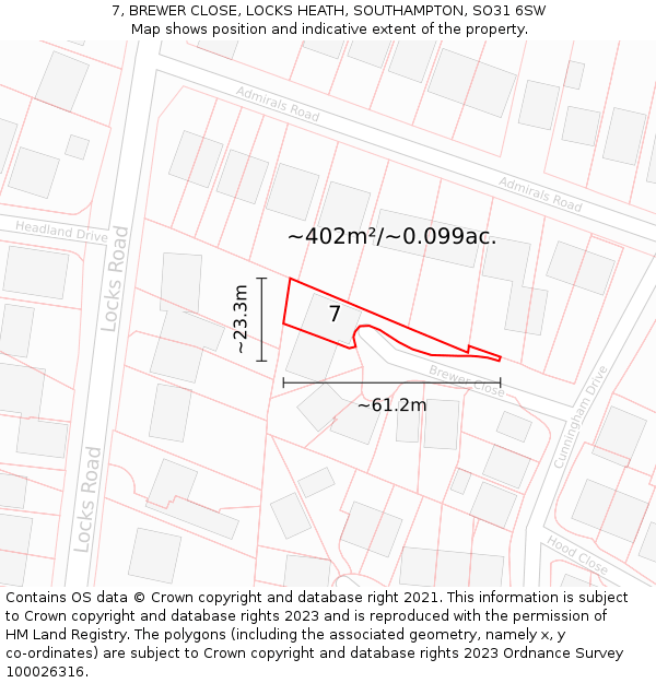 7, BREWER CLOSE, LOCKS HEATH, SOUTHAMPTON, SO31 6SW: Plot and title map