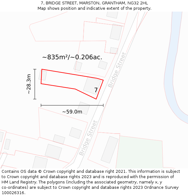 7, BRIDGE STREET, MARSTON, GRANTHAM, NG32 2HL: Plot and title map