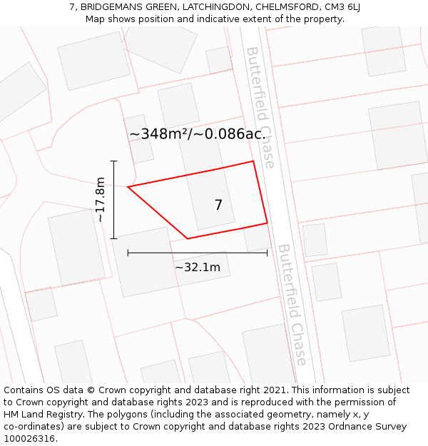 7, BRIDGEMANS GREEN, LATCHINGDON, CHELMSFORD, CM3 6LJ: Plot and title map