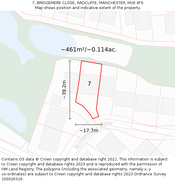 7, BRIDGEMERE CLOSE, RADCLIFFE, MANCHESTER, M26 4FS: Plot and title map