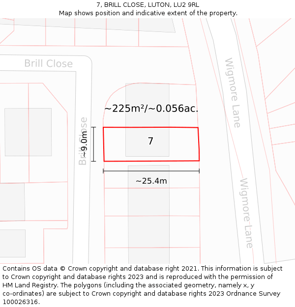 7, BRILL CLOSE, LUTON, LU2 9RL: Plot and title map