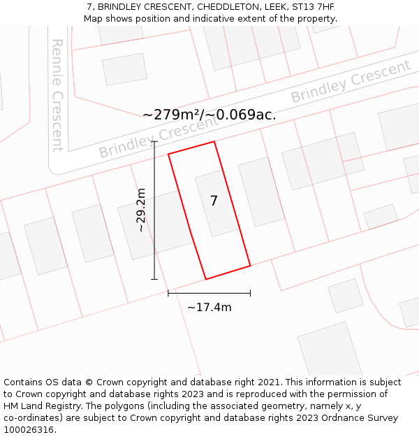 7, BRINDLEY CRESCENT, CHEDDLETON, LEEK, ST13 7HF: Plot and title map