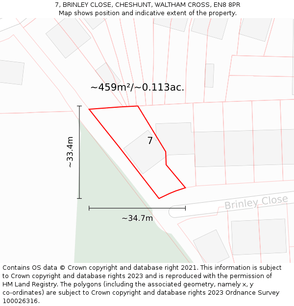 7, BRINLEY CLOSE, CHESHUNT, WALTHAM CROSS, EN8 8PR: Plot and title map