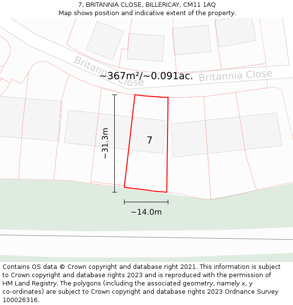 7, BRITANNIA CLOSE, BILLERICAY, CM11 1AQ: Plot and title map