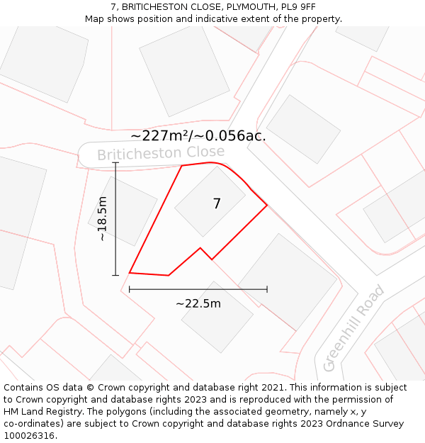 7, BRITICHESTON CLOSE, PLYMOUTH, PL9 9FF: Plot and title map