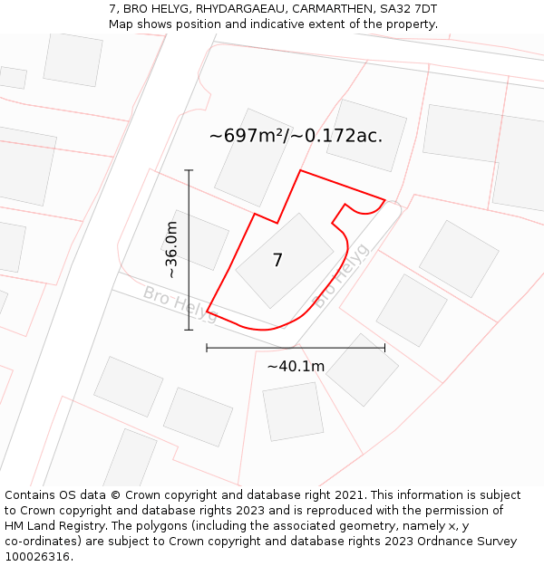 7, BRO HELYG, RHYDARGAEAU, CARMARTHEN, SA32 7DT: Plot and title map