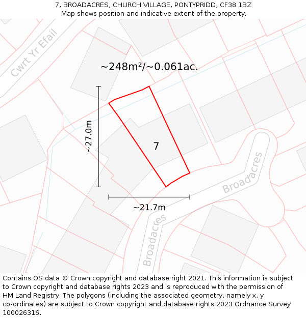 7, BROADACRES, CHURCH VILLAGE, PONTYPRIDD, CF38 1BZ: Plot and title map