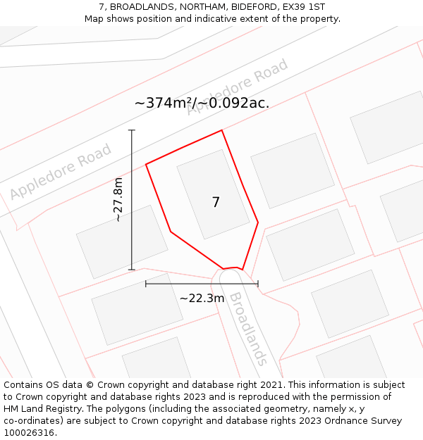 7, BROADLANDS, NORTHAM, BIDEFORD, EX39 1ST: Plot and title map