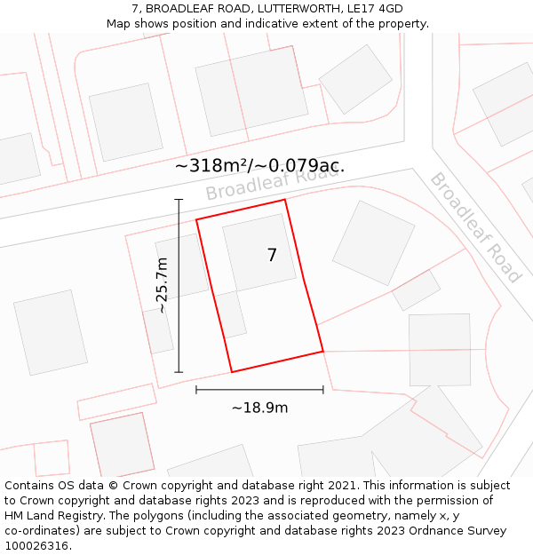 7, BROADLEAF ROAD, LUTTERWORTH, LE17 4GD: Plot and title map