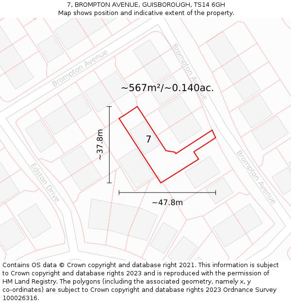 7, BROMPTON AVENUE, GUISBOROUGH, TS14 6GH: Plot and title map