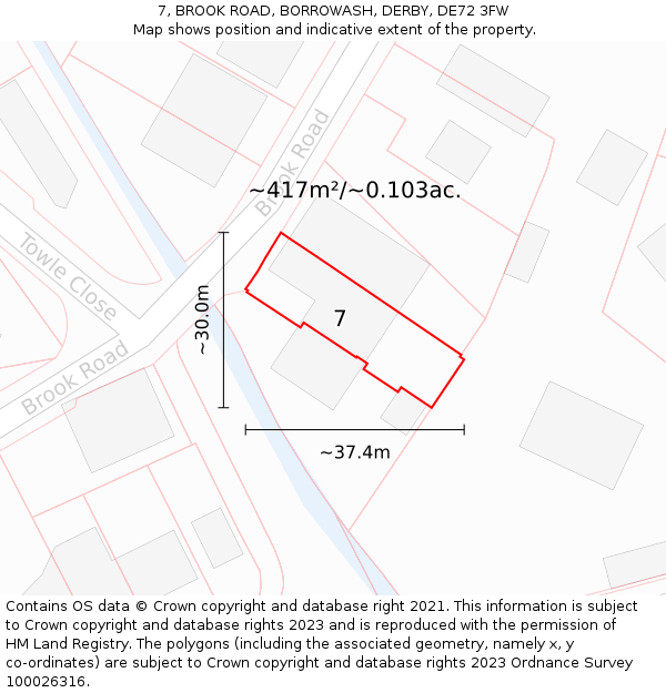 7, BROOK ROAD, BORROWASH, DERBY, DE72 3FW: Plot and title map