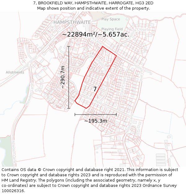 7, BROOKFIELD WAY, HAMPSTHWAITE, HARROGATE, HG3 2ED: Plot and title map