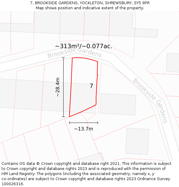 7, BROOKSIDE GARDENS, YOCKLETON, SHREWSBURY, SY5 9PR: Plot and title map