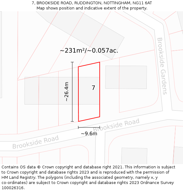 7, BROOKSIDE ROAD, RUDDINGTON, NOTTINGHAM, NG11 6AT: Plot and title map