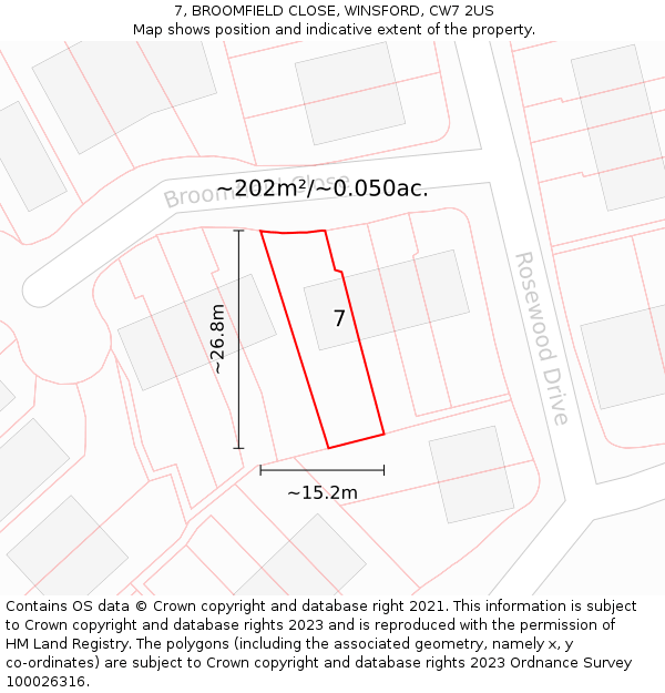 7, BROOMFIELD CLOSE, WINSFORD, CW7 2US: Plot and title map