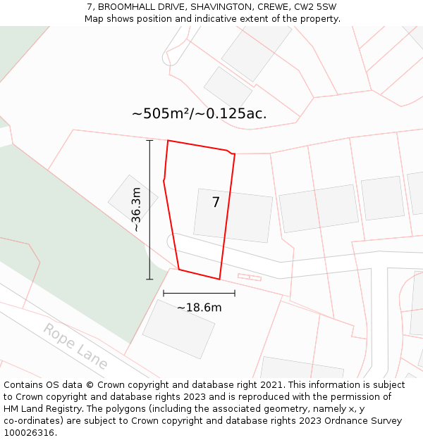 7, BROOMHALL DRIVE, SHAVINGTON, CREWE, CW2 5SW: Plot and title map