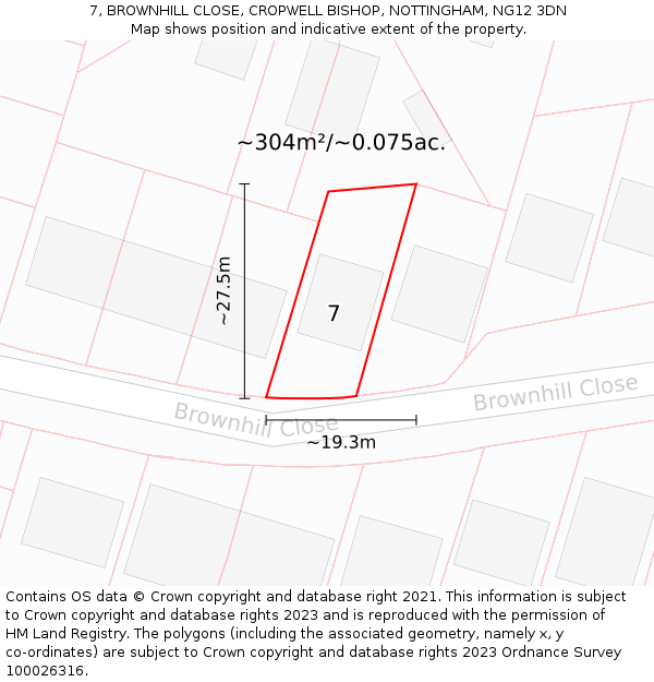 7, BROWNHILL CLOSE, CROPWELL BISHOP, NOTTINGHAM, NG12 3DN: Plot and title map